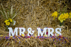 ShropshirePetals.com Mr and Mrs Sign with Midnight Blue and Cerise on straw bales £13.50 per litre (3)